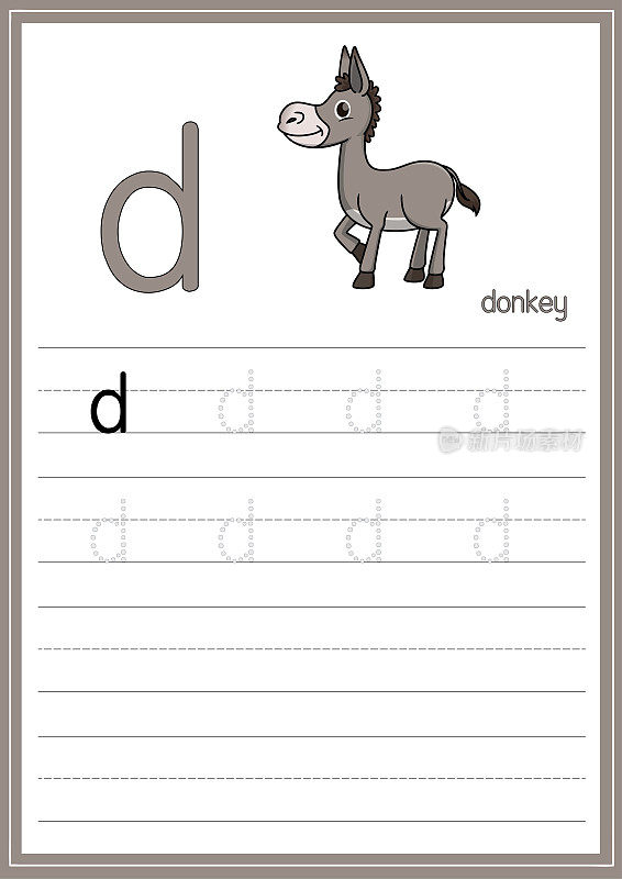 矢量插图驴孤立在白色背景。用小写字母D作为教学和学习媒体，供儿童识别英文字母或供儿童学习写字母用于在家里和学校学习。