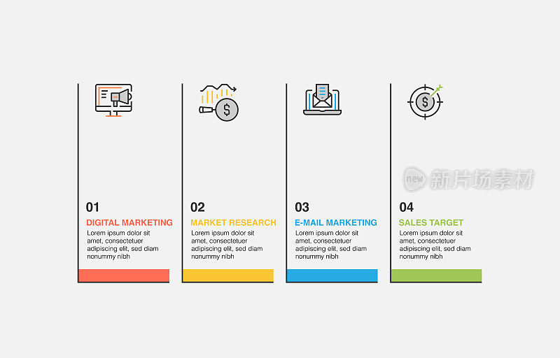 信息图表设计模板。数字营销，市场研究，电子邮件营销，销售目标图标与4个选项或步骤。