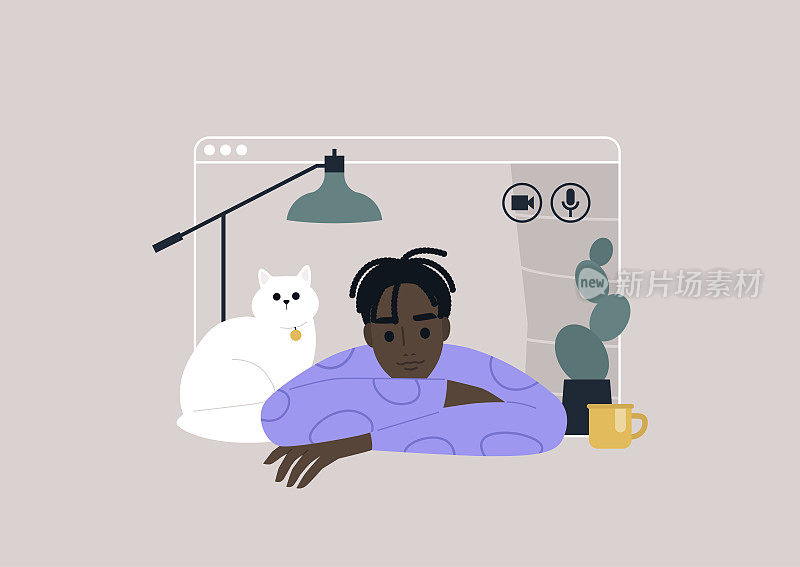 视频通话框架，在家工作的概念，社会距离，一个年轻的黑人男性角色使用在线技术与朋友，家人或同事联系