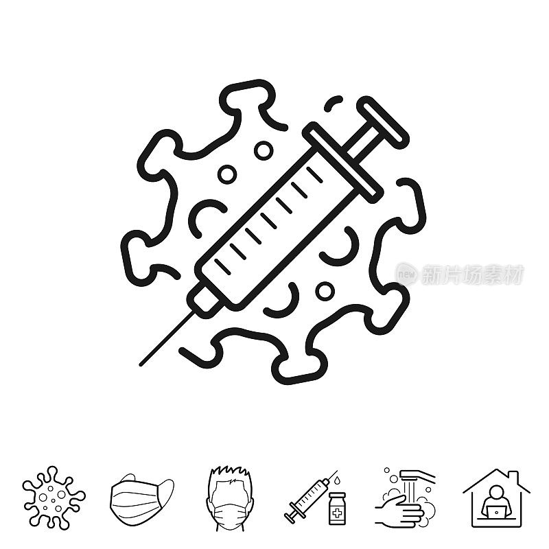 冠状病毒Covid-19疫苗。线条图标-可编辑的笔触