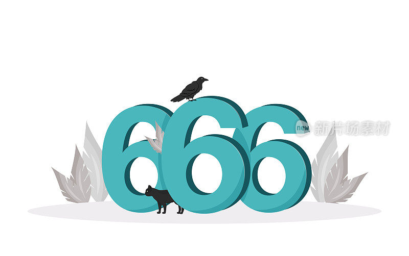 数字兽平面概念矢量插图。第666号，黑猫和乌鸦二维卡通组成的网页设计。6、撒旦的标志，魔鬼的象征创意。恶兆，宗教迷信