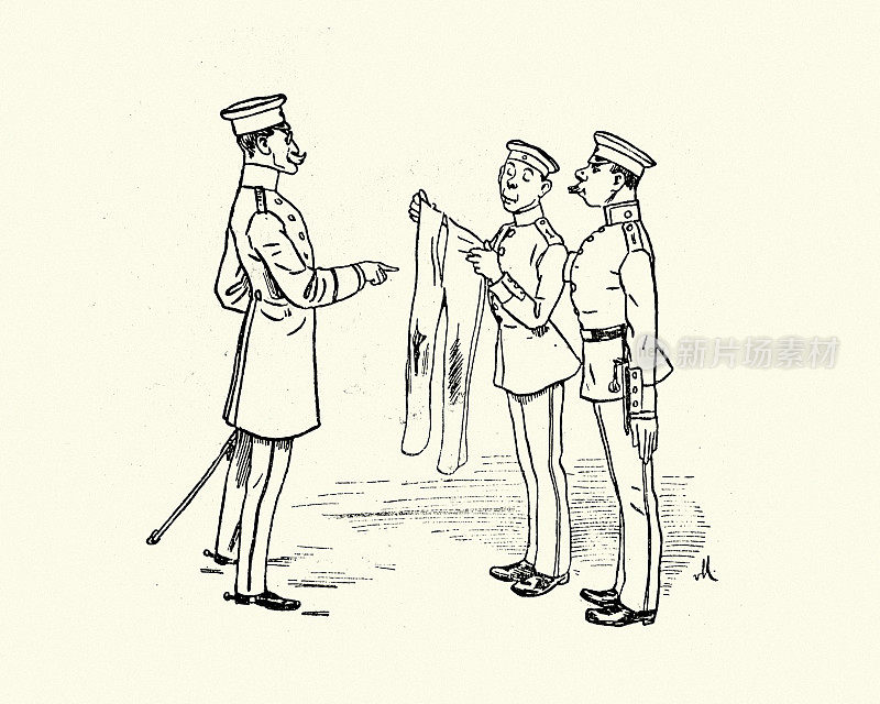 德国军官视察士兵制服的漫画，维多利亚19世纪