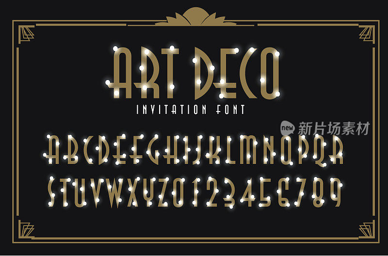 装饰艺术派对邀请金色的大写字母文字字体设计与发光的灯
