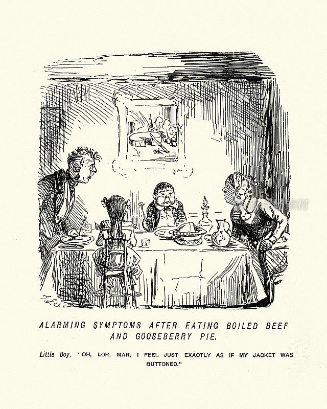 消化不良对暴饮暴食，维多利亚卡通，19世纪