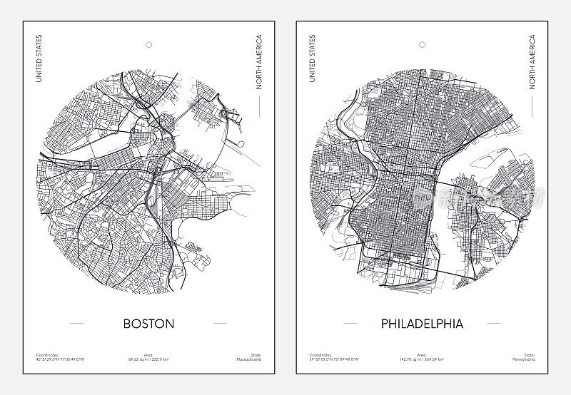 旅游海报，城市街道规划，城市地图波士顿和费城，矢量插图