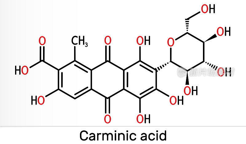 胭脂红酸分子。它是сoloring物质，红葡萄糖苷羟基氰嘌呤。它被用于食品和药品。骨骼的化学公式