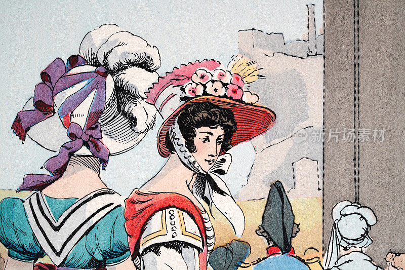 女人的帽子和软帽上装饰着鲜花、丝带、羽毛，时尚史，19世纪20年代中期，法国