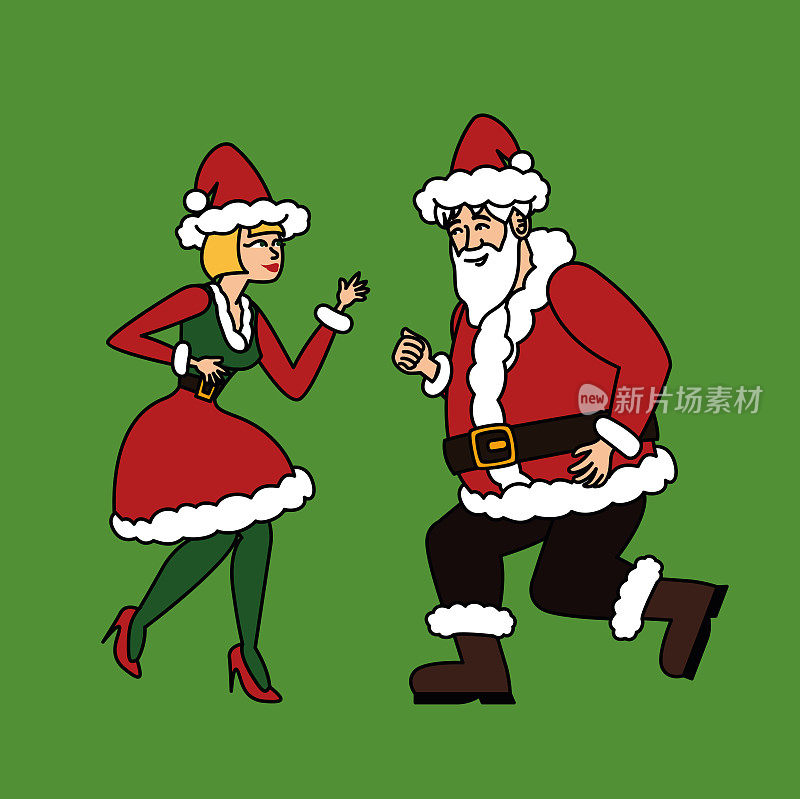 男人和女人伪装成圣诞人物，一对夫妇一起跳舞的圣诞舞蹈人物矢量插图