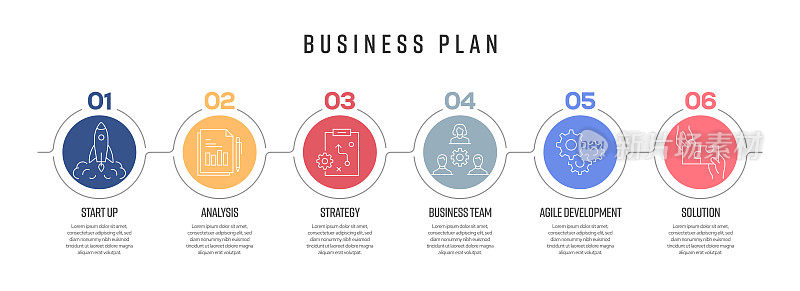 商业计划概念矢量线信息图形的图标设计。6个选项或步骤的展示，横幅，工作流布局，流程图等。
