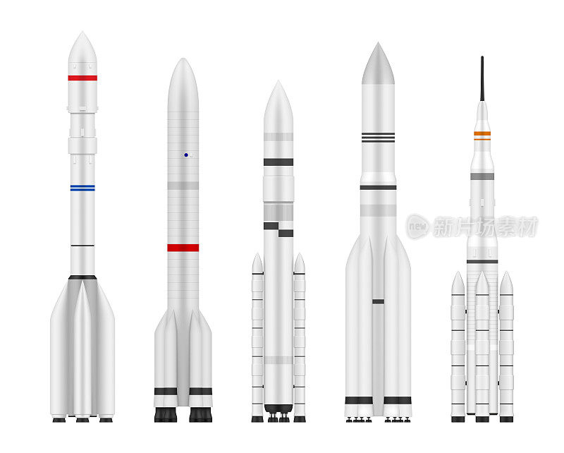 火箭设置逼真的矢量插图宇宙飞船或宇宙飞船开放太空探索旅行