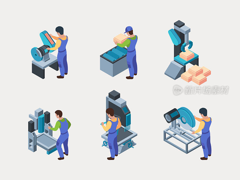工厂工人。纺织机床电子铣钻包装花哨的生产工艺矢量等距集