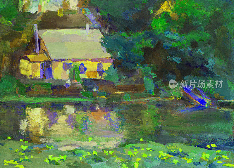 插图油画风景画河岸上的房子在水中的倒影和盛开的睡莲船在码头附近的夏季绿色的水和草的背景