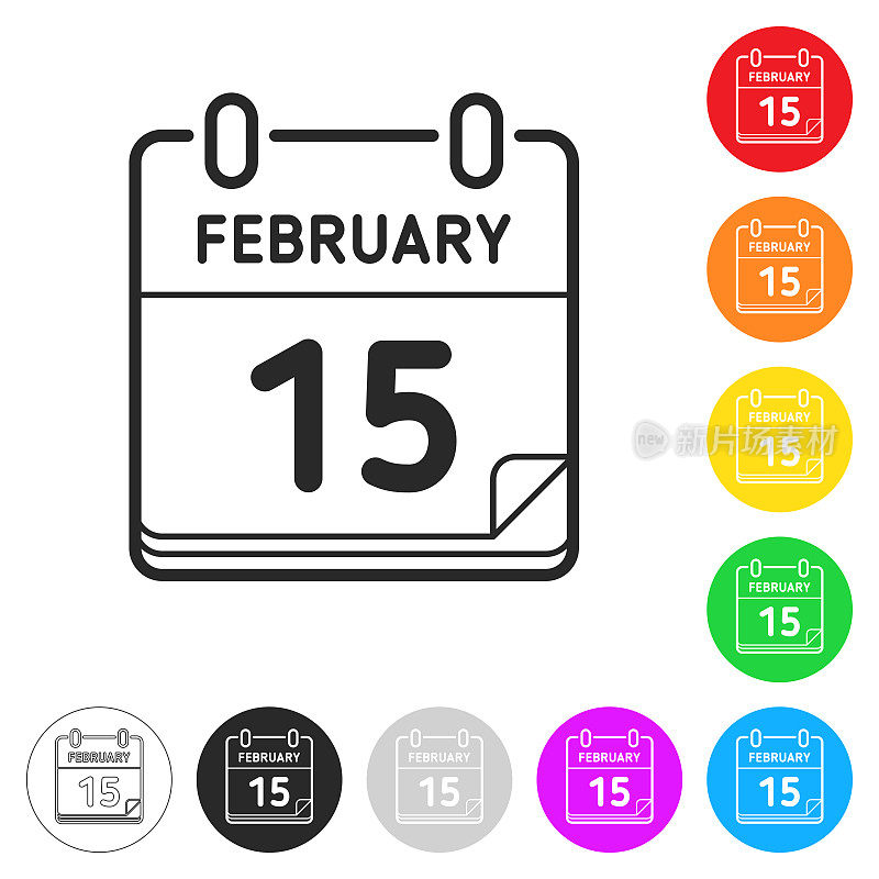2月15日。按钮上不同颜色的平面图标