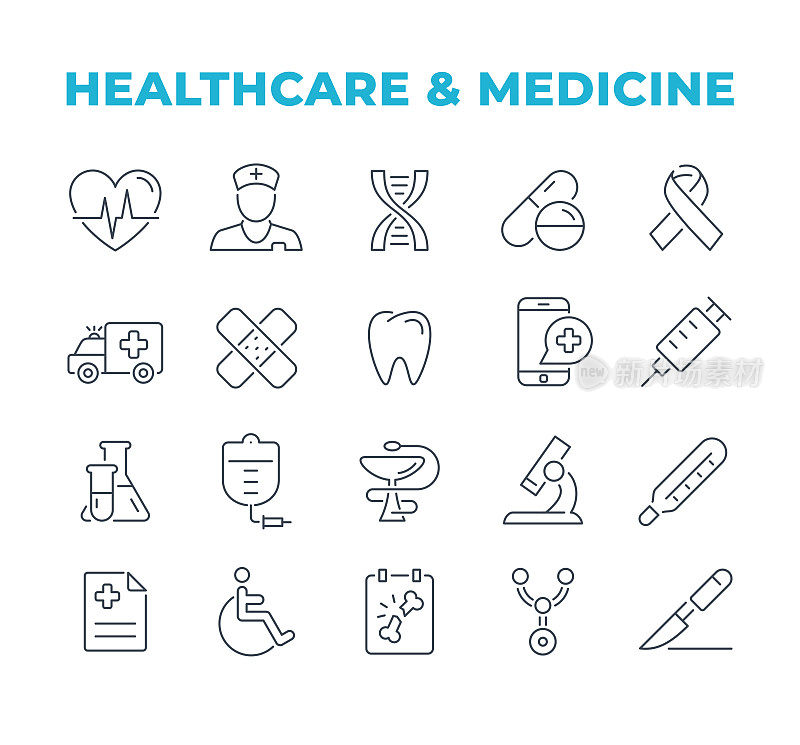 医疗保健和医药-线图标。向量股票插图