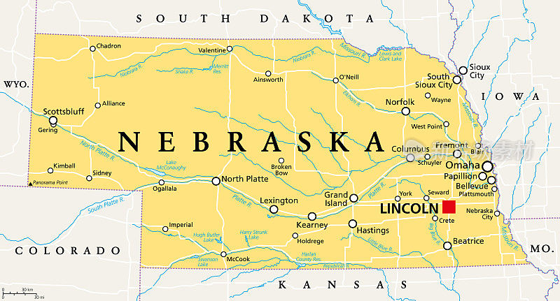 内布拉斯加州，东北，政治地图，美国州，昵称玉米剥皮州