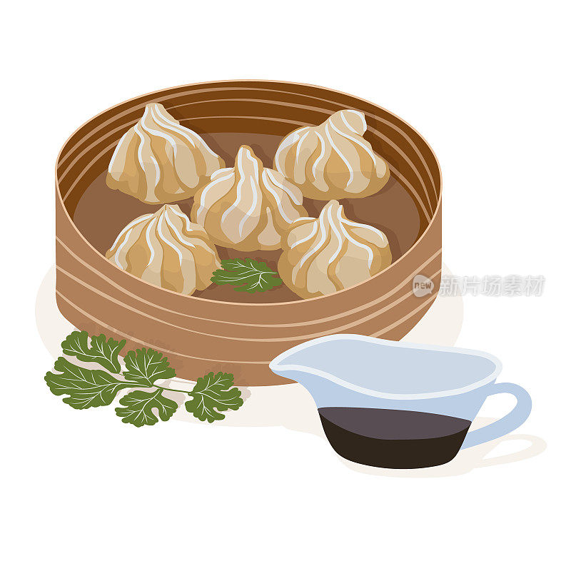 山毛榉盘子里的馄饨。传统的中国食物。矢量图