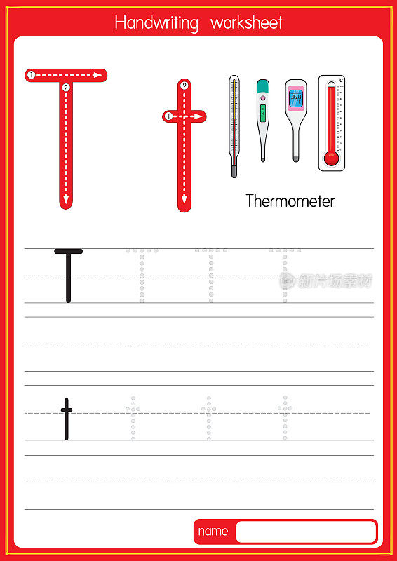 矢量图温度计与字母T大写字母或大写字母的儿童学习练习ABC