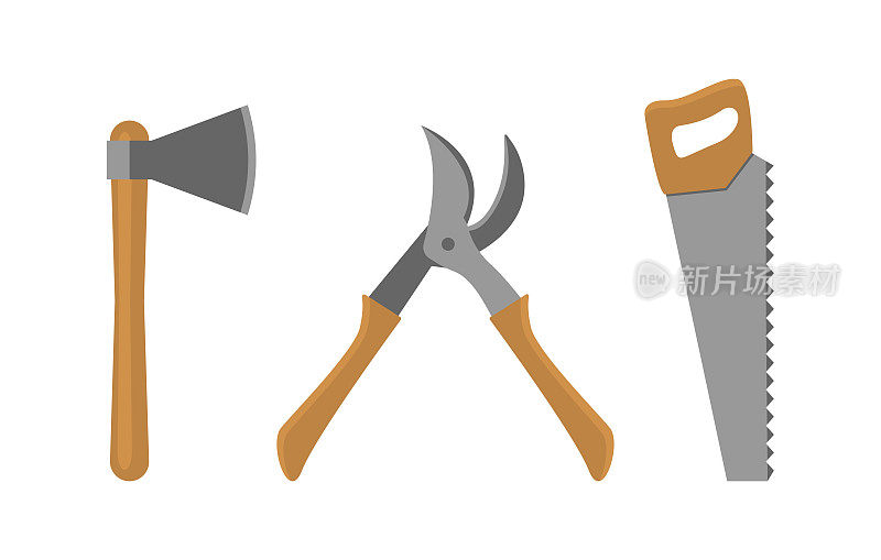 砍伐、锯和修剪树木的工具。斧头，锯子和剪枝。