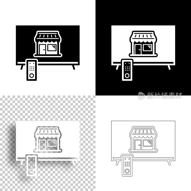 电视在线购物。图标设计。空白，白色和黑色背景-线图标