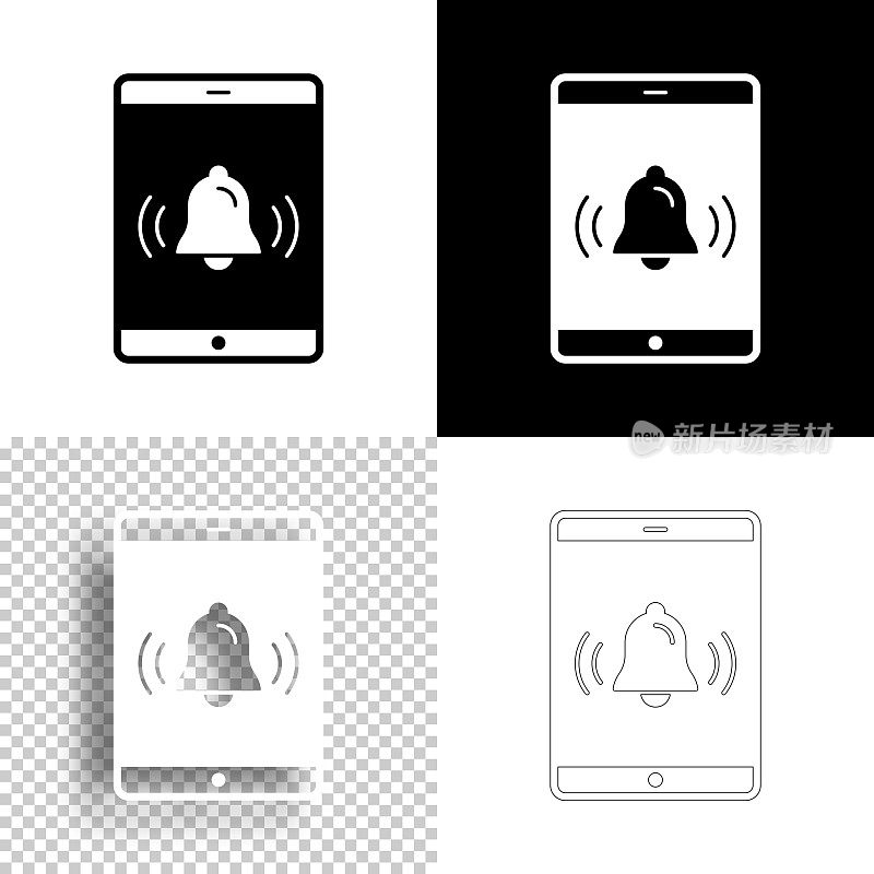 带铃声的平板电脑-通知。图标设计。空白，白色和黑色背景-线图标