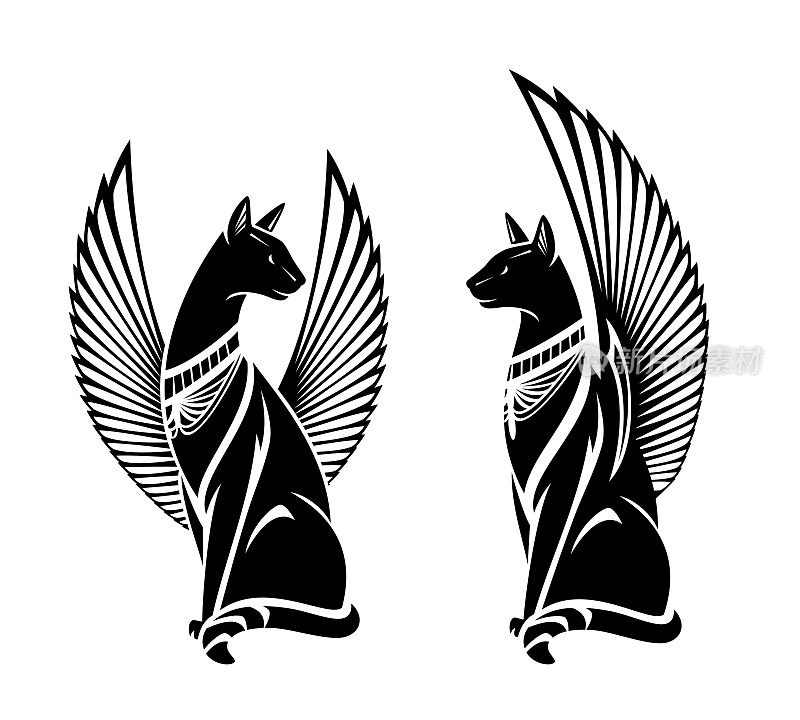 坐翼猫与古埃及风格装饰黑色矢量轮廓