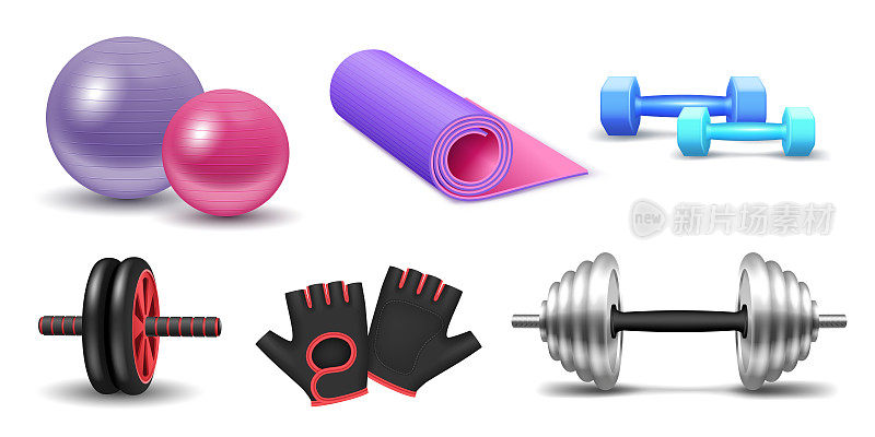 健身举重练习的现实装备:瑜伽垫，健身球，杠铃和哑铃