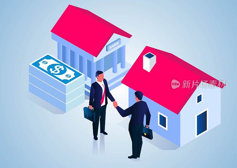 贷款买房，房地产行业和房地产销售等距，商人站在银行旁边和房子握手