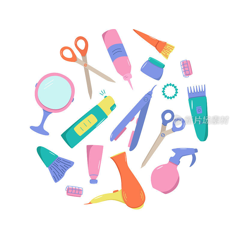 美容美发工具包，供美容院或家庭使用。为自己和头发护理的涂鸦图标的矢量插图。梳子、剃须刀、吹风机、卷发器等物品。