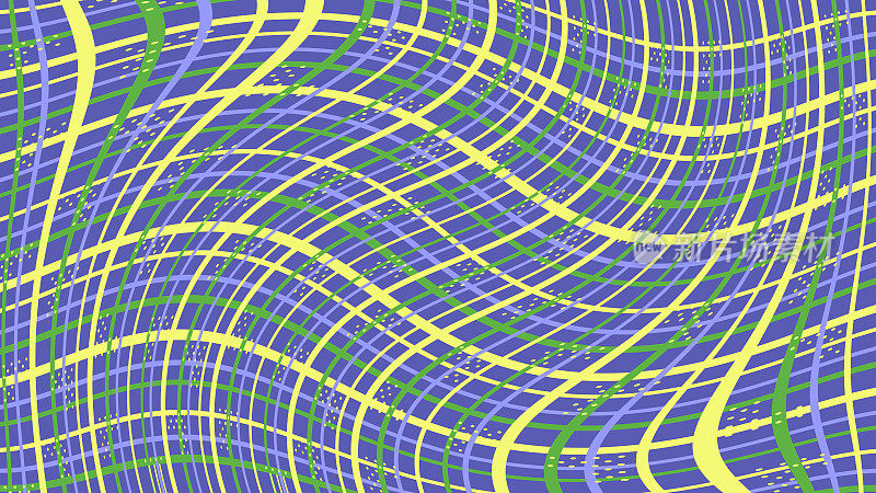 摘要不规则的格子幻觉背景与黄色，绿色，紫色的线和点在非常接近的紫色背景。时尚的颜色几何学。现代设计。可爱的打印。神经网络的概念。人工智能。