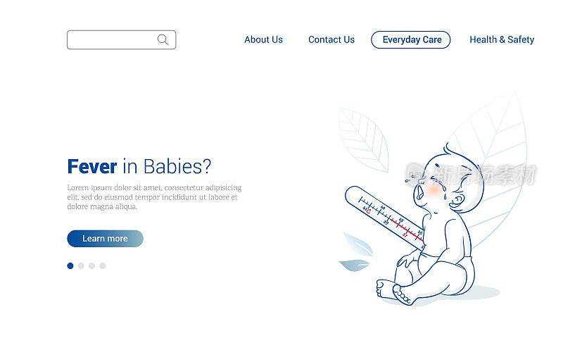 医疗保健和医疗网页设计模板与婴儿和温度计。
