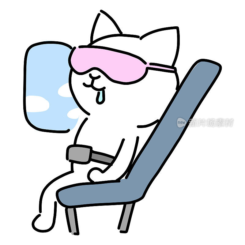 矢量插图的猫睡觉在飞机客舱，斜倚座椅
