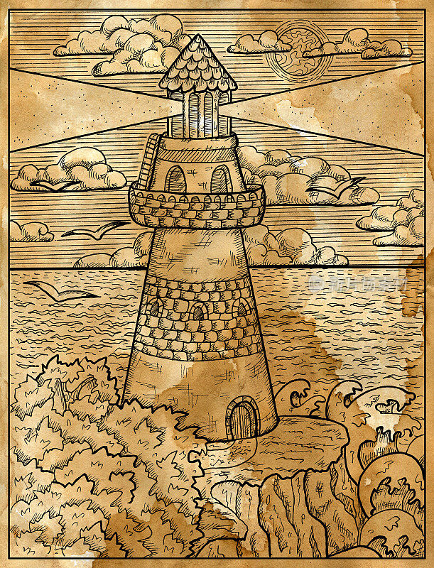 旧纸纹理插图的灯塔塔上的悬崖岩石与树木和波浪。航海复古图纸，海洋概念，彩色书页，t恤和纹身图形