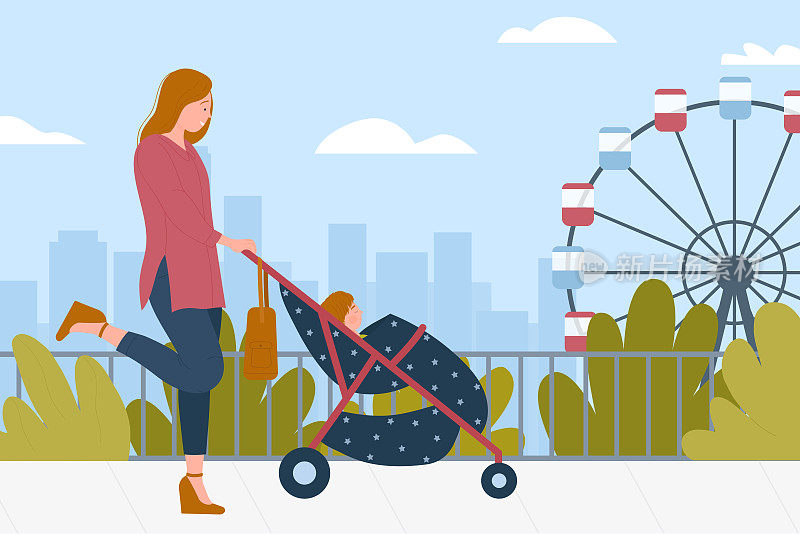 母亲和孩子一起在夏日城市公园散步，坐着摩天轮