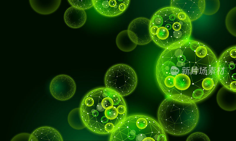 3D逼真的宏小球藻细胞菌落。绿色能源生物燃料食品补充。叶绿素来源健康饮食。绿色植物海藻细菌生态概念矢量插图