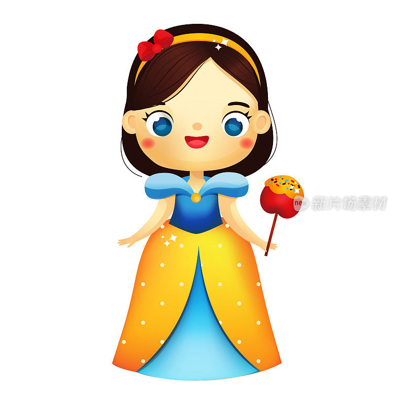 可爱的仙女公主和苹果。穿着漂亮衣服的卡通女孩。白雪公主的童话人物