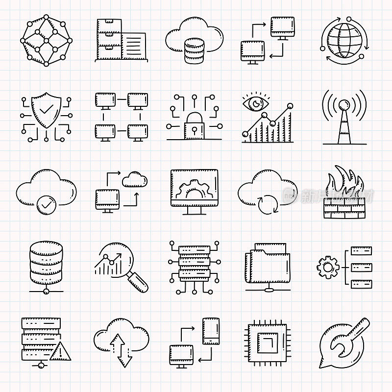 网络技术手绘图标集，涂鸦风格矢量插图