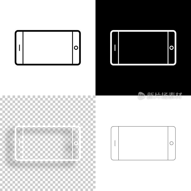 智能手机-水平位置。图标设计。空白，白色和黑色背景-线图标