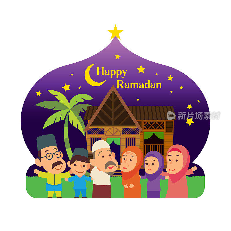 欢乐斋月庆祝卡通穆斯林家庭在马来村椰子树夜生活场景背景