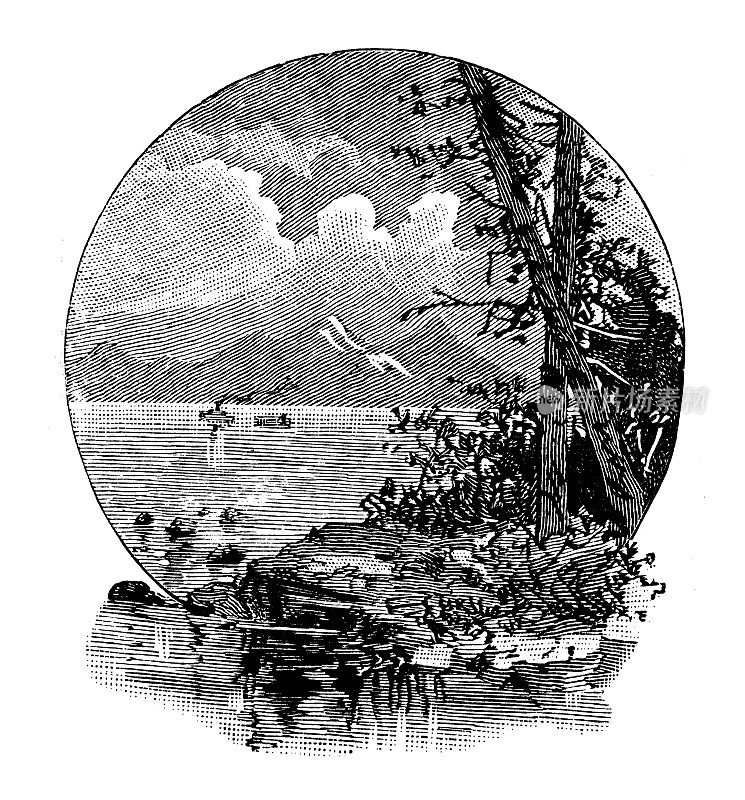 古董插图美国，内布拉斯加州地标和公司:太浩湖