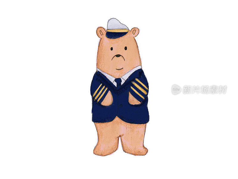 卡通熊穿着飞机机长制服在白色的背景
