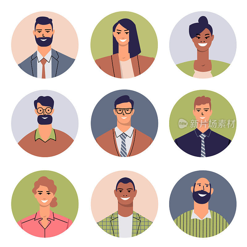 集合了多元化的圆形头像业务团队。在白色背景上孤立的男人和女人的肖像集合。愉快的，微笑的同事在一个平坦的风格。