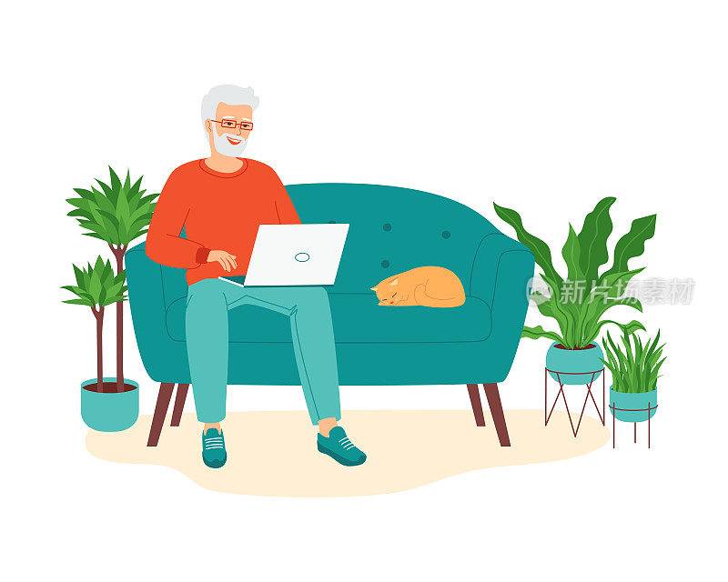 白发苍苍的老人坐在沙发上，手里拿着笔记本电脑。
