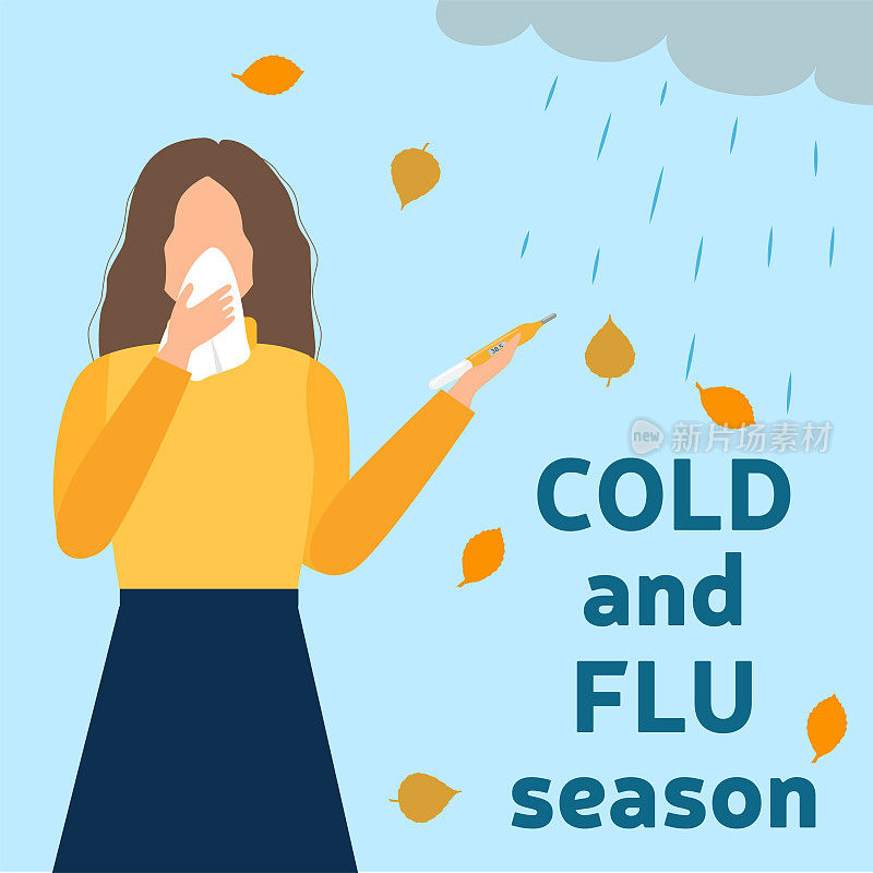 感冒和流感季节。打喷嚏。餐巾的女人。雨和秋叶。矢量图