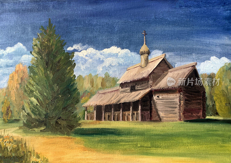 俄罗斯东正教木制教堂、秋季森林景观、油画。