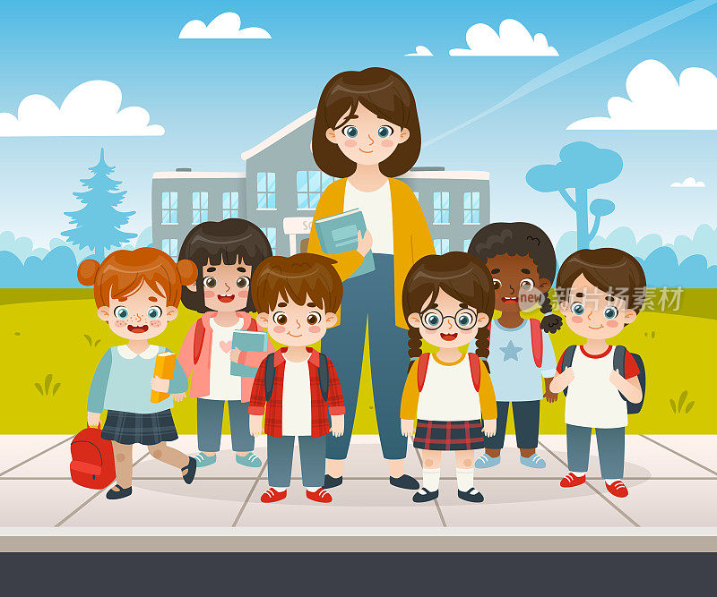 同学们和老师站在学校前面。多样化的学校儿童合影。