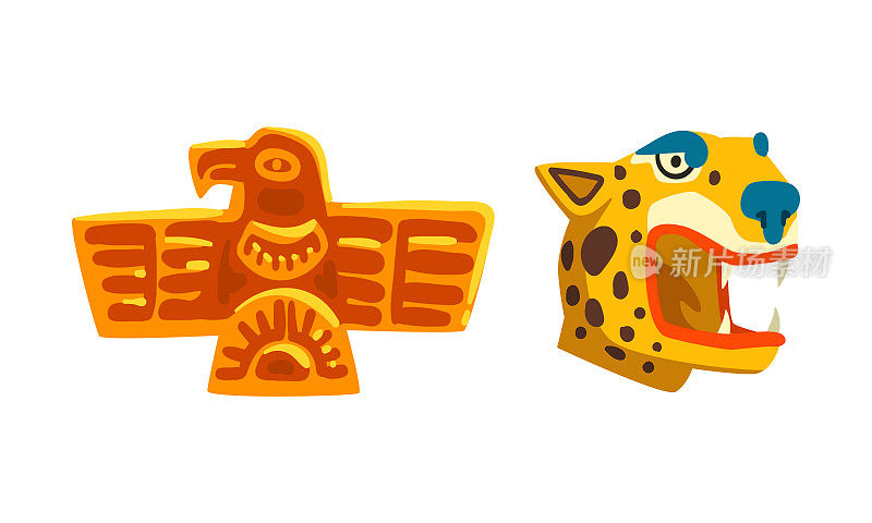 玛雅文明民族符号与动物头和鸟图腾向量集