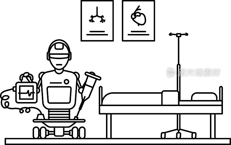 带拐杖和心电图机矢量图标设计的机器人，机器人医学符号，医疗保健场景标志，现代诊所中的创新人工智能工程，远程操作机器人概念，