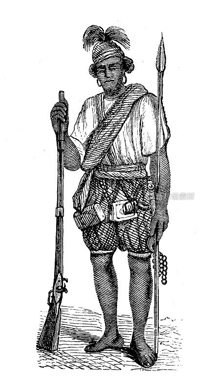 古董插图，民族志和土著文化:非洲，富拉或波尔勇士