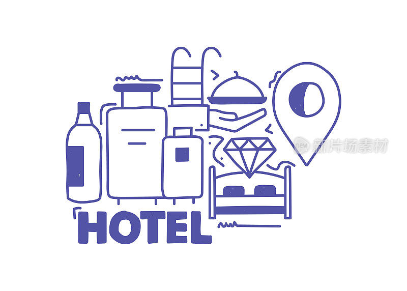 酒店及服务手绘设计。这是一个简单而美丽的解释许多主题，如手提箱，游泳池，客房服务。在许多领域，这是一种现成的设计。