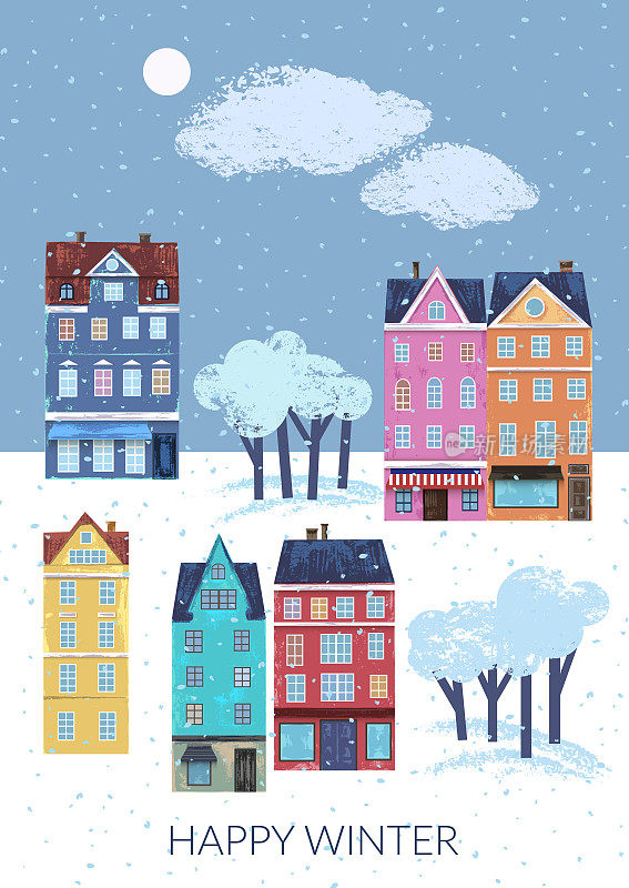 冬季景观有房子、雪、树、云